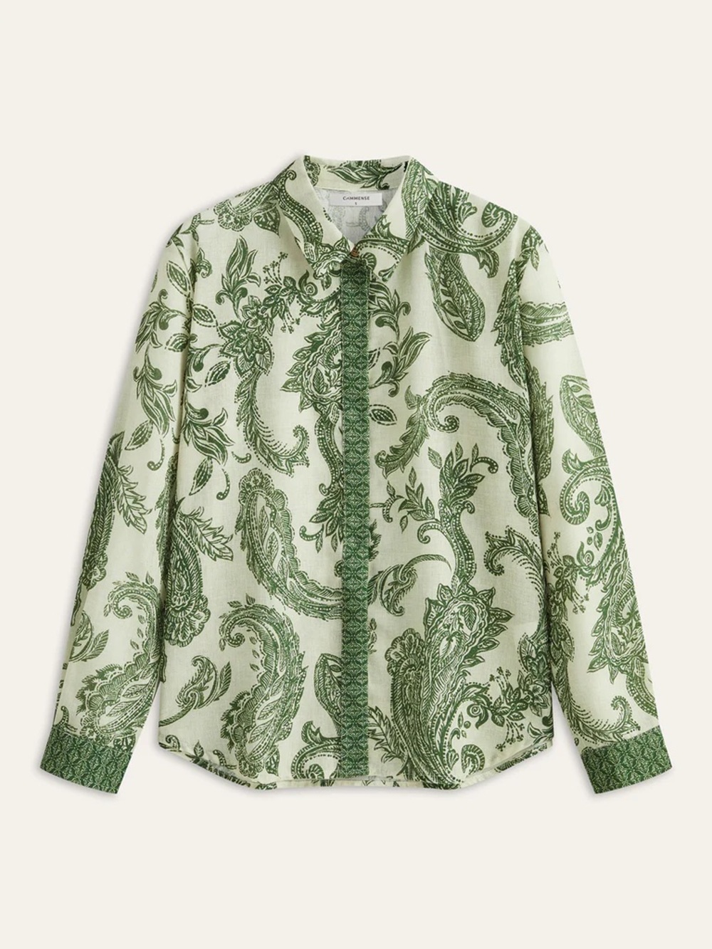 Commense Paisley Print Button Front Long Sleeve Blouse Green White XS NWT